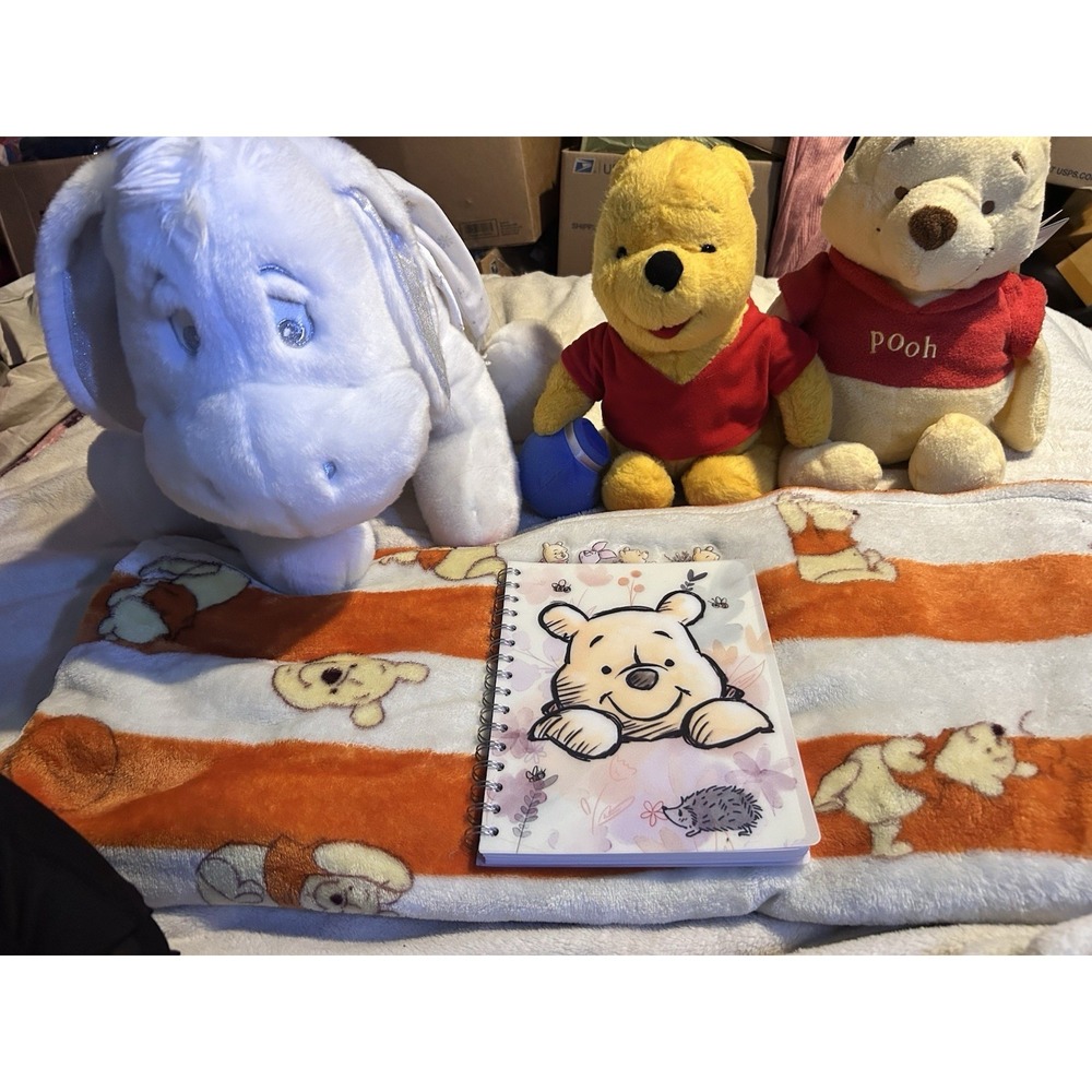 Disney Winnie The Pooh Lot Plush Blanket Notebook Eeyore Stuffed Animals Bundle